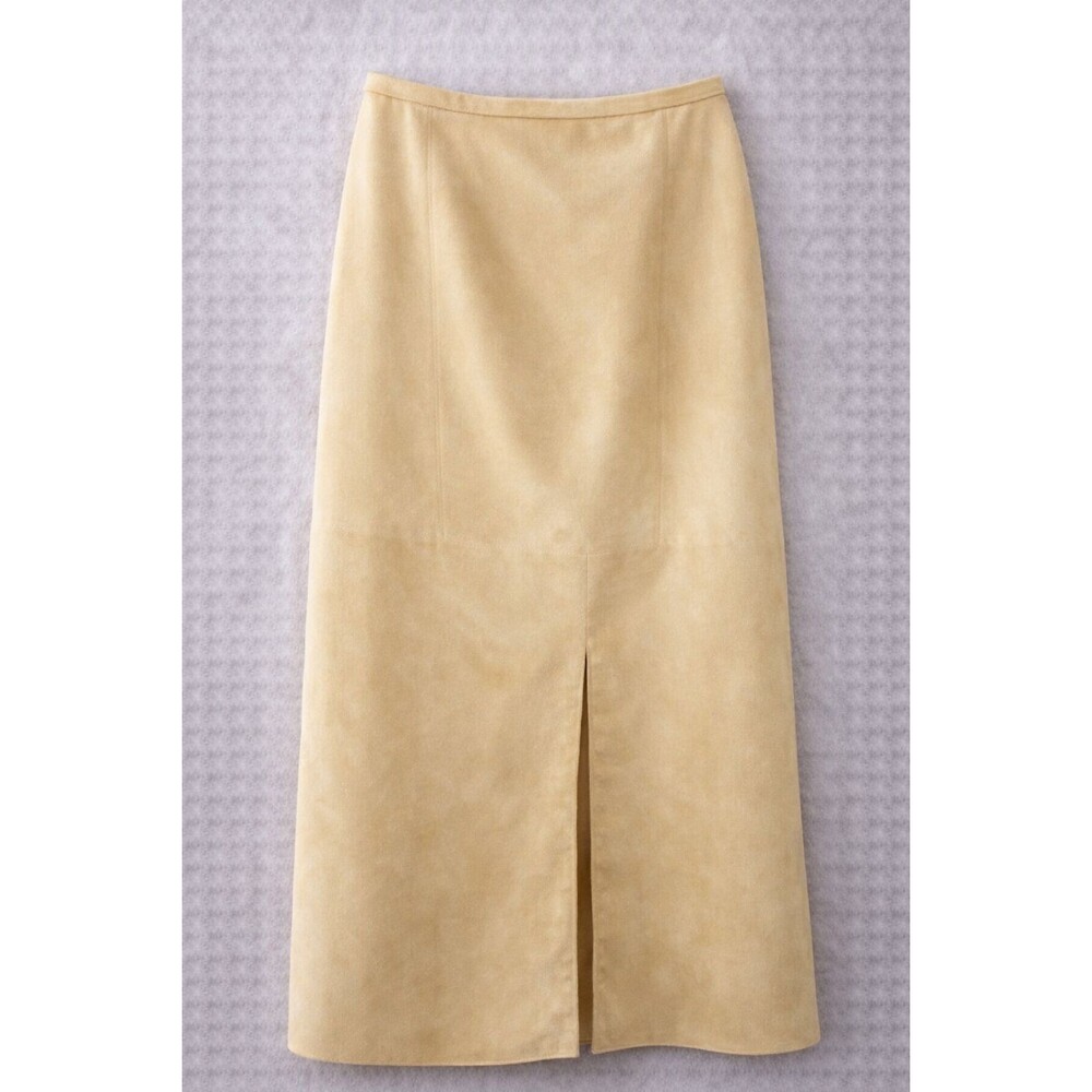 Evan Picone Faux Suede Midi Skirt Womens 4 Yellow Slit Old Money
